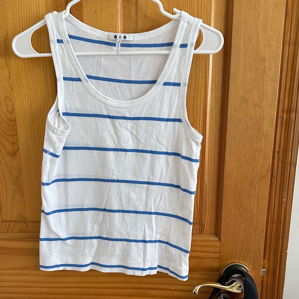 Three Dots White Tank Top with Blue Stripes